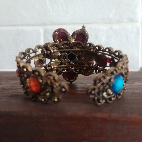 Women's colourful large flower intricate cuff bracelet brass multicolour stones - Picture 8 of 11